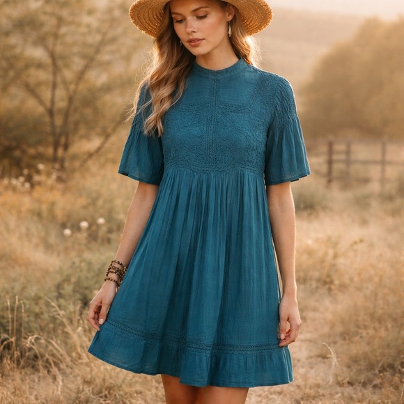 Meadow Rue Dresses & Skirts - Meadow Rue Anthropologie Calistoga Tunic Dress Teal Blue Embroidered Boho Mini